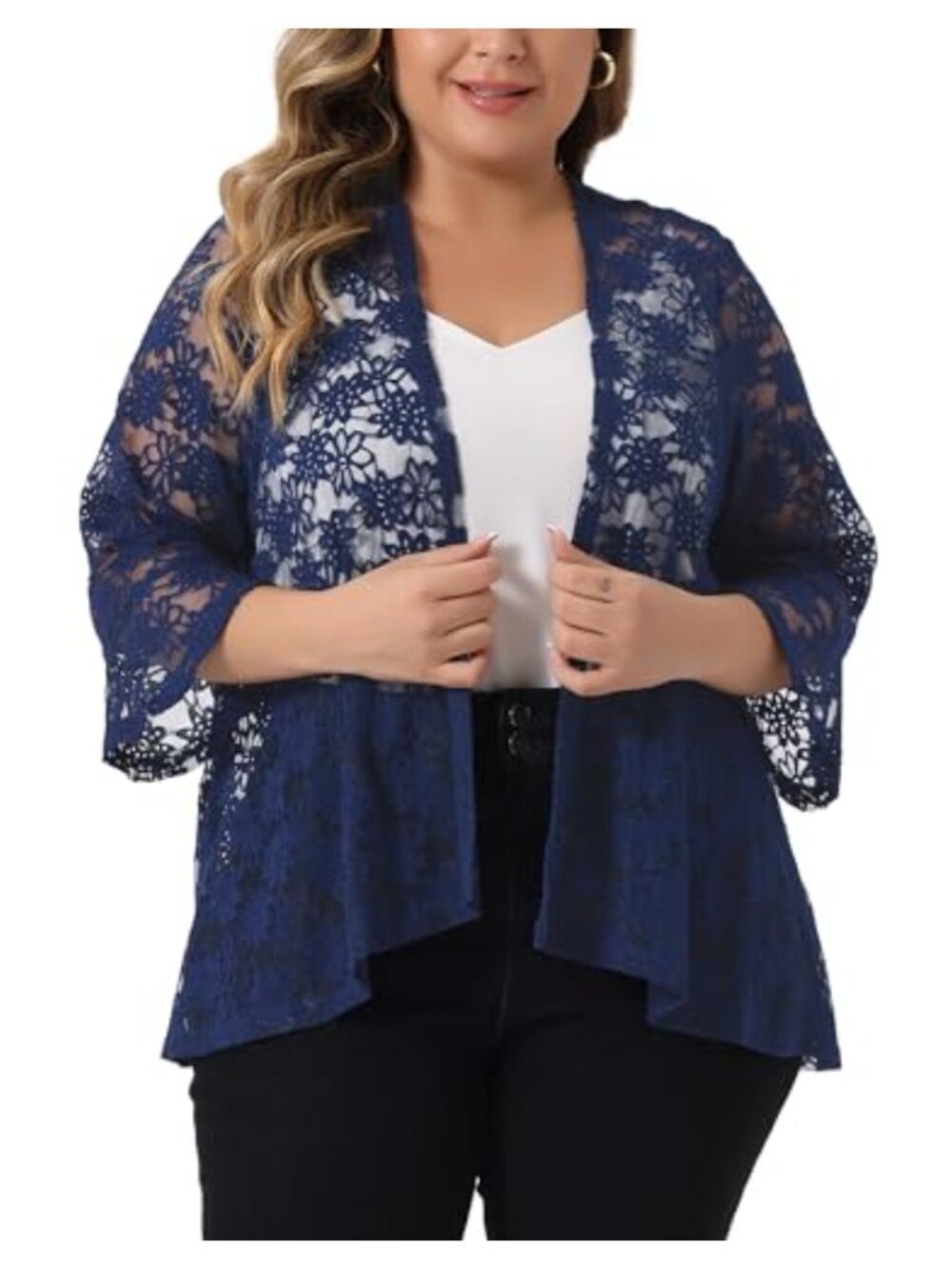 Plus Size Open Front Lace Cardigan Sheer Bolero Shrug 3/4 Bell Sleeve